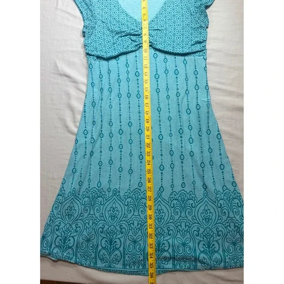 Athleta Knit Mini Dress Womens Size Medium Aqua Blue Boho Ruched V-Neck - Picture 6 of 7